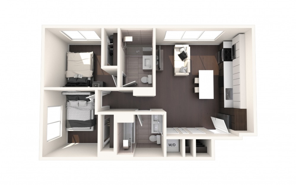 Adams Two BR - 2 bedroom floorplan layout with 2 baths and 970 square feet.