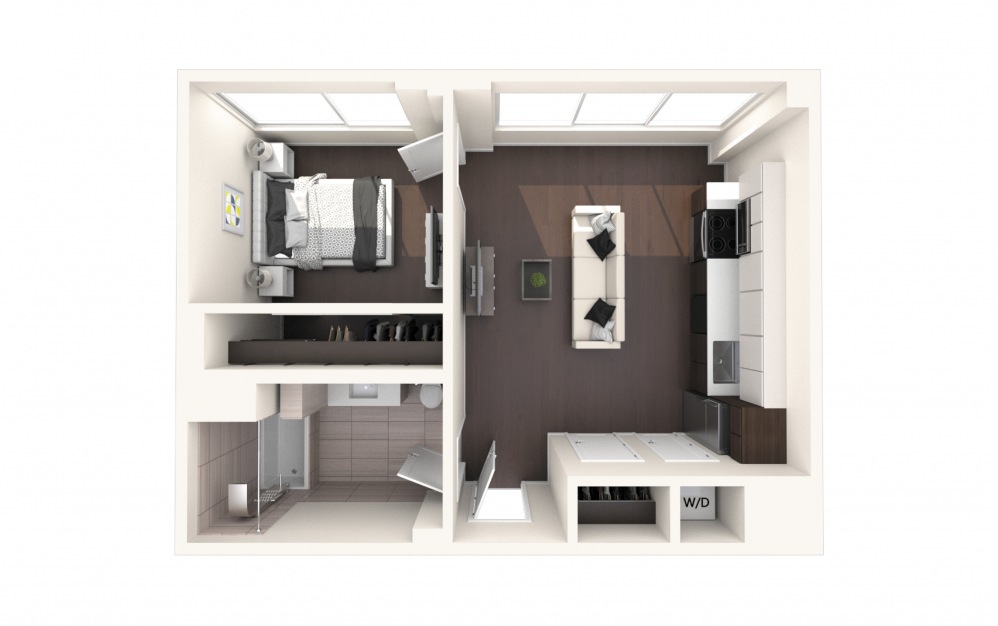 Jeff One BR E - 1 bedroom floorplan layout with 1 bath and 650 square feet.