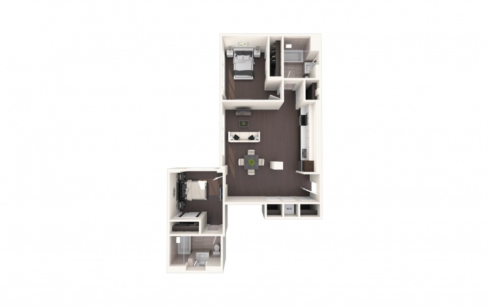 Jeff Two BR A - 2 bedroom floorplan layout with 2 baths and 1100 square feet.