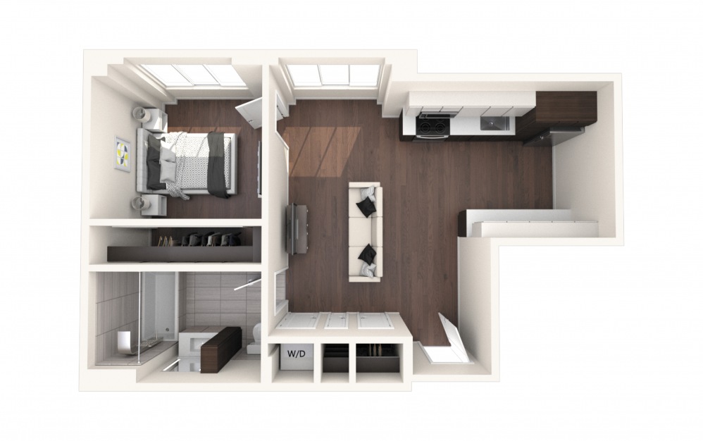 Mad One BR B - 1 bedroom floorplan layout with 1 bath and 675 square feet.