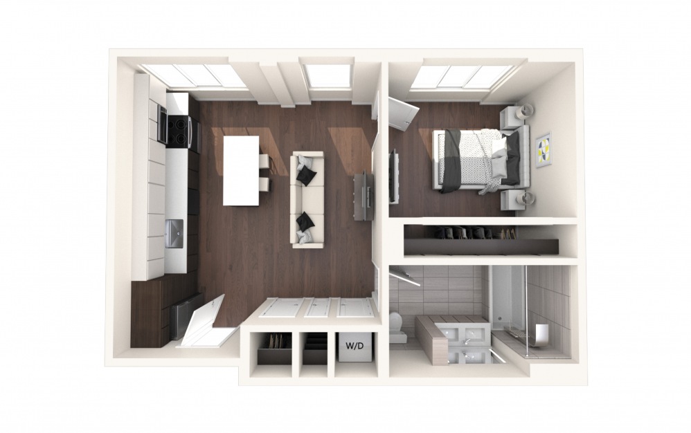 Mad One BR E - 1 bedroom floorplan layout with 1 bath and 675 square feet.