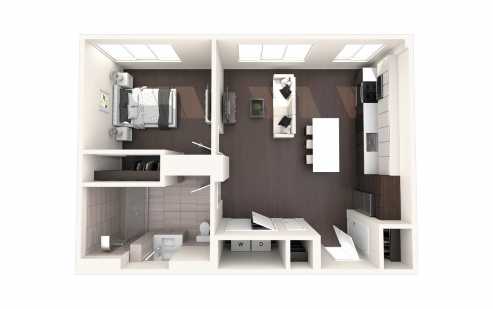 Mad One BR A - 1 bedroom floorplan layout with 1 bath and 650 square feet.