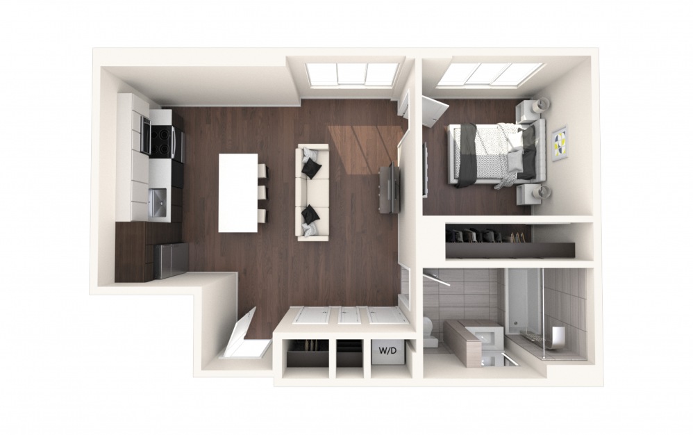 Mad One BR PH D - 1 bedroom floorplan layout with 1 bath and 670 square feet.