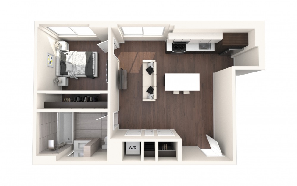 Wash One BR D - 1 bedroom floorplan layout with 1 bath and 675 square feet.