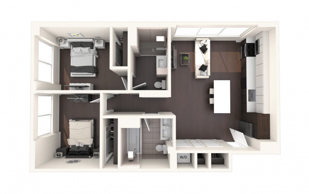 Wash Two Bedroom - 2 bedroom floorplan layout with 2 baths and 900 square feet.